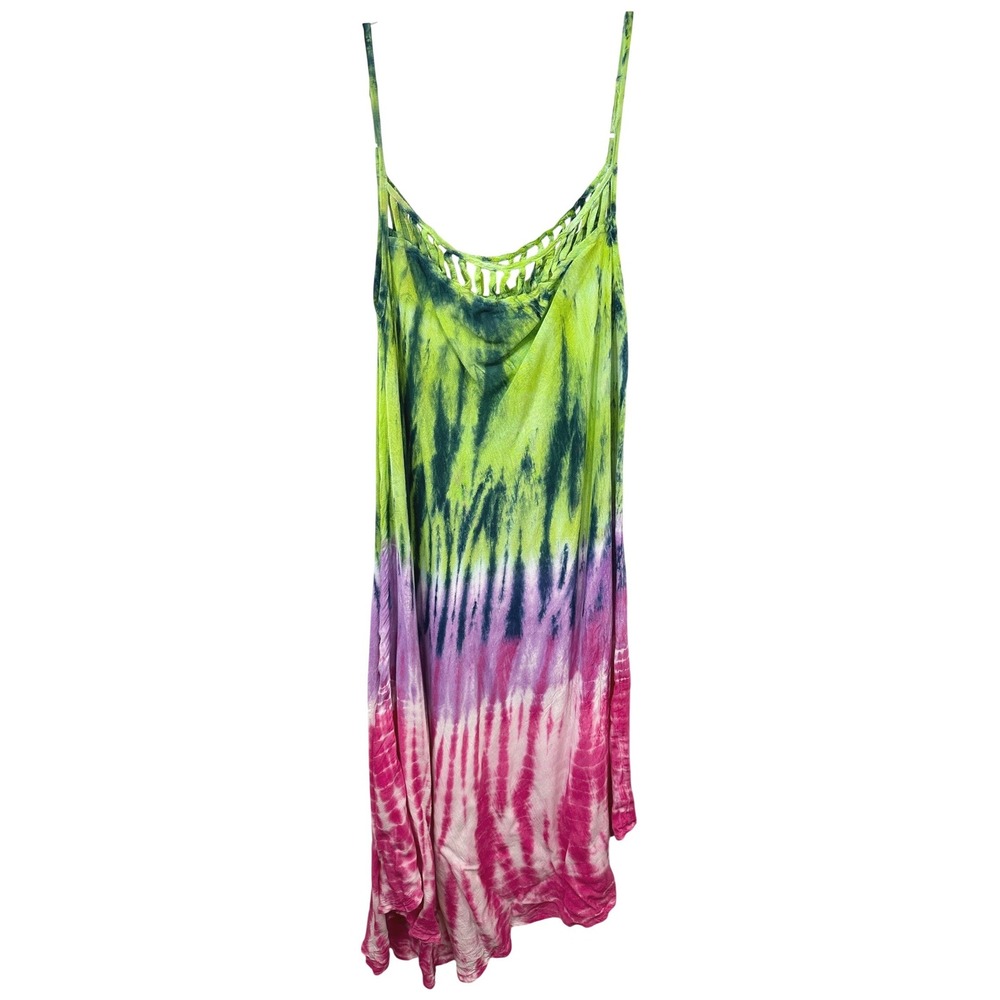 Beach by Exist OS Midi Dress Tie Dye Handkerchief Green Purple Pink Rayon 275